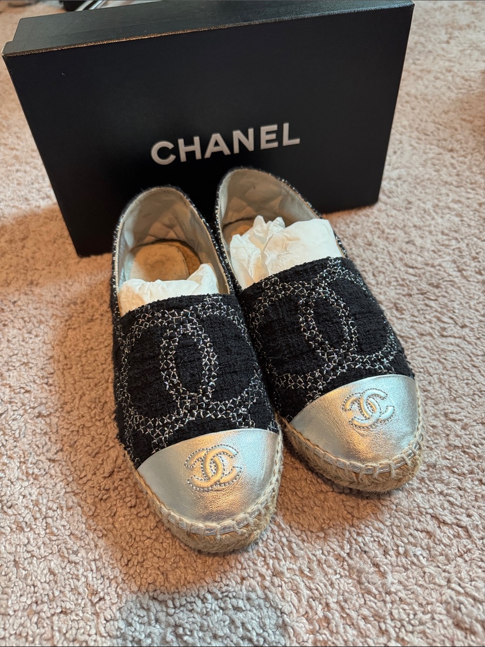 CHANEL Black Tweed Espadrilles with Metallic Toe Cap